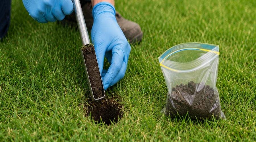 taking a soil sample from a lawn