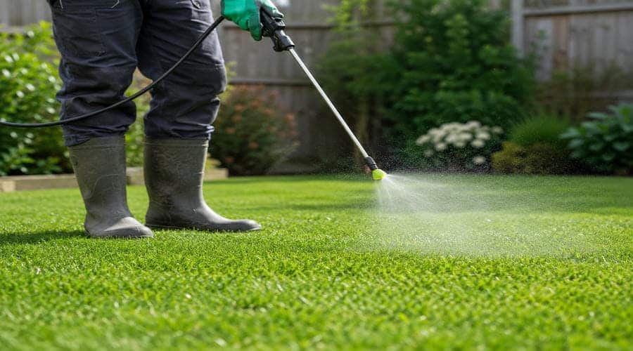 spraying liquid seaweed on lawns