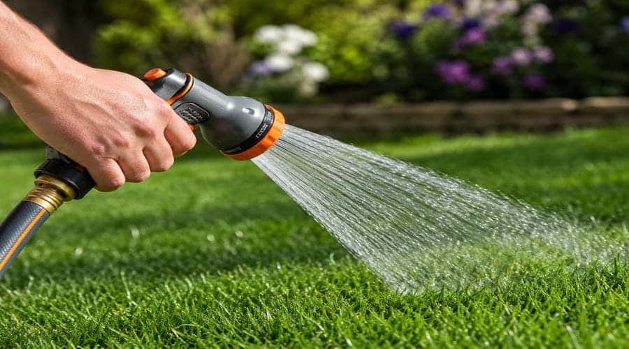 a hose watering grass