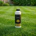 bottle of liquid iron sulphate on a lawn