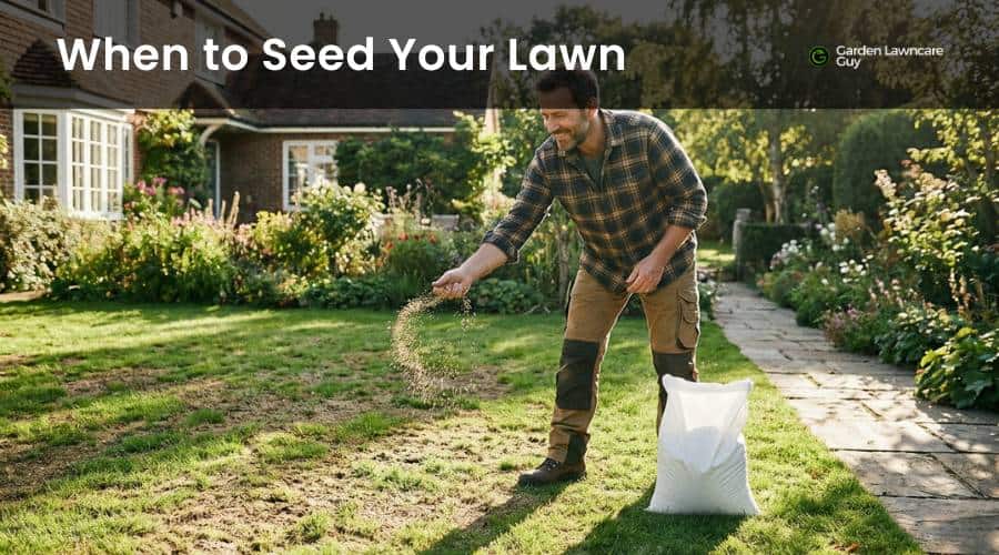 a man seeding a lawn in a UK garden