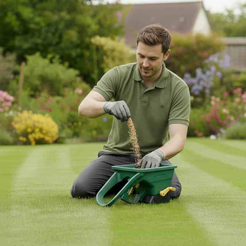spreader fertiliser on a lawn
