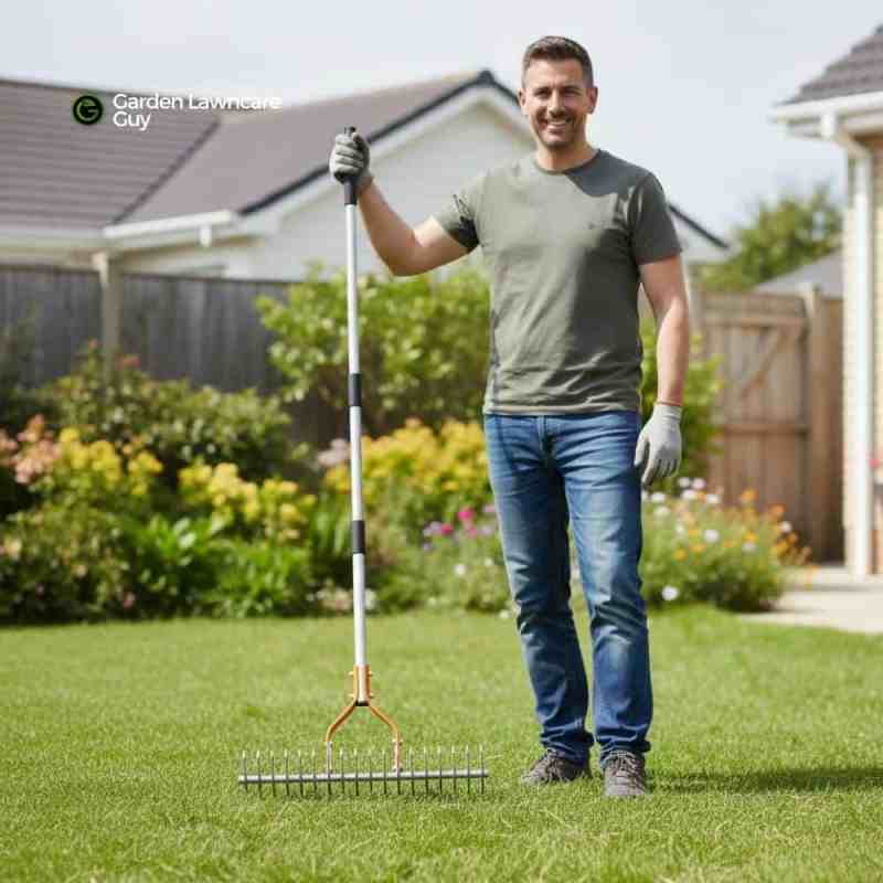 a man holding a manual lawn scarifier